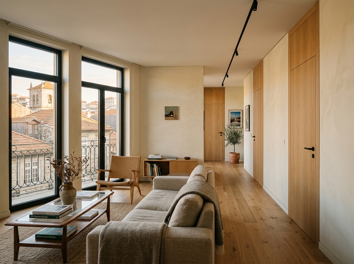 Remodelação integral de apartamento T3 em Pombal com portas em carvalho e iluminação